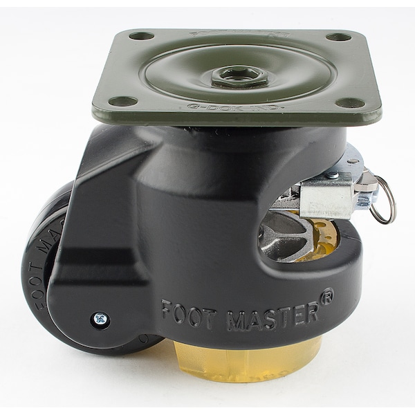 Leveling Caster, Ratchet, 63 mm Nylon Wheel, 90x90 mm Plate, Swivel, 550 kg Cap, PU Foot Pad, Black